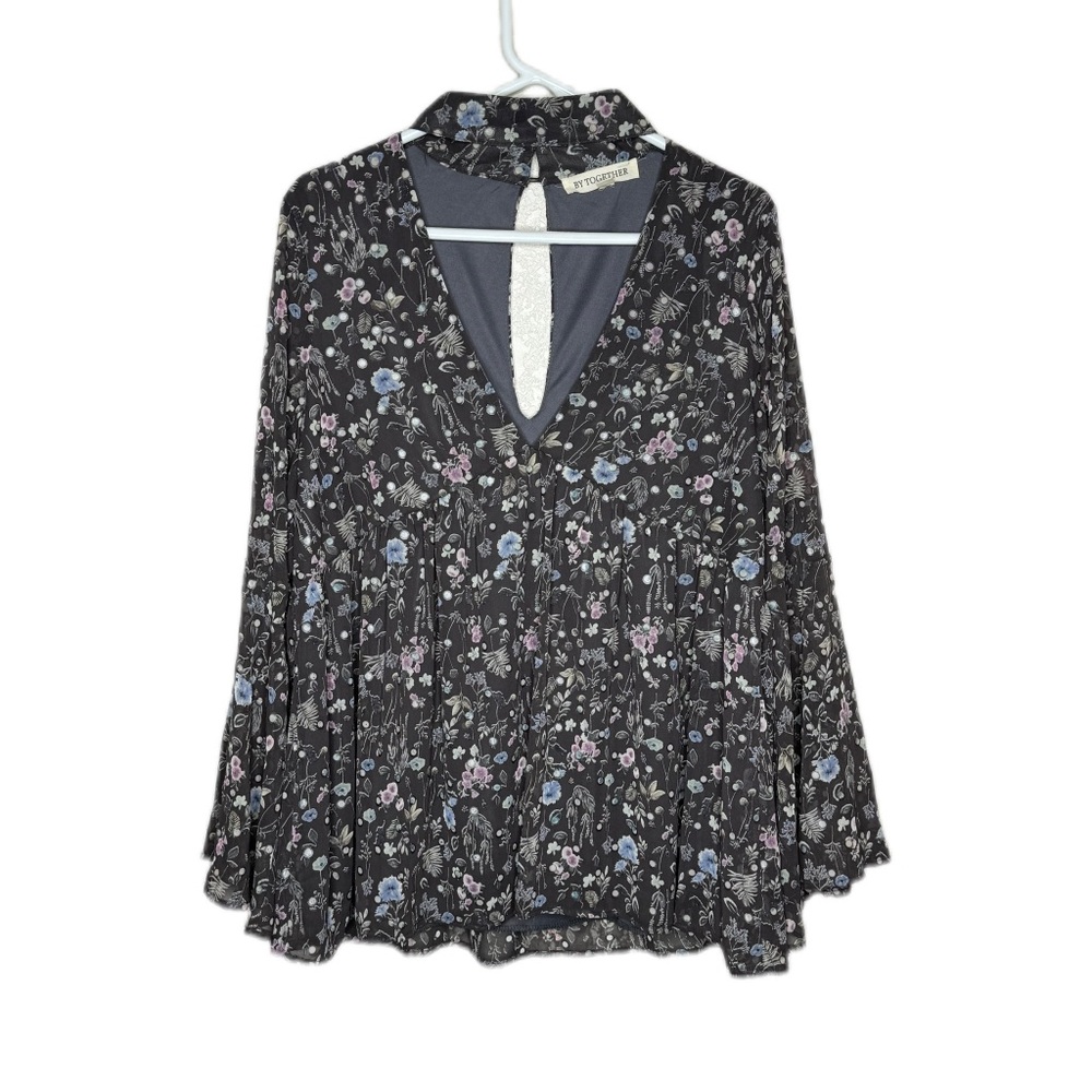 By Together Top Women Large Brown Floral V Neck Bell Sleeves Blouse Bohemian